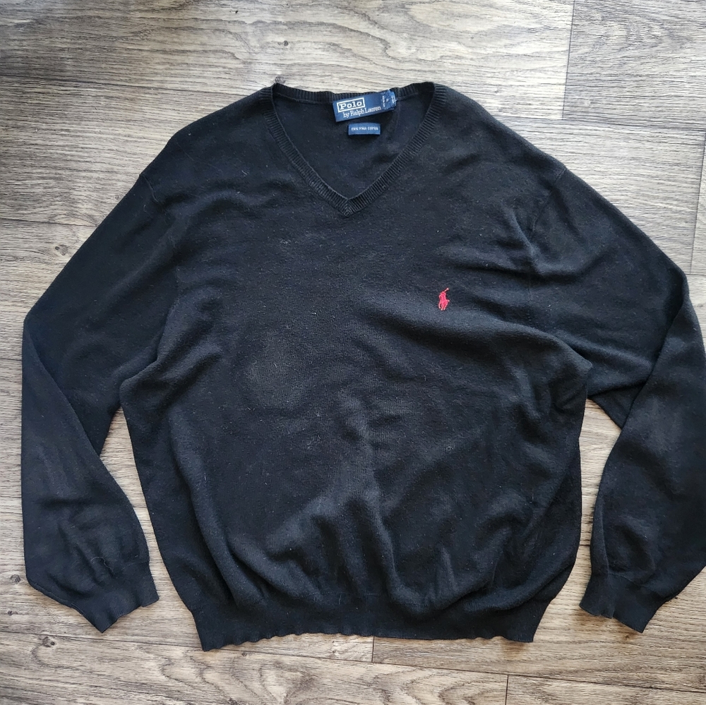 Polo Ralph Lauren Pima Cotton Sweater Men’s XL Solid Black Pony Logo V Neck